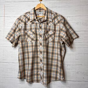 Wrangler Shirt Mens Size XXL Wrancher Shirt Tan & Aqua Plaid Pearl Snaps Cotton